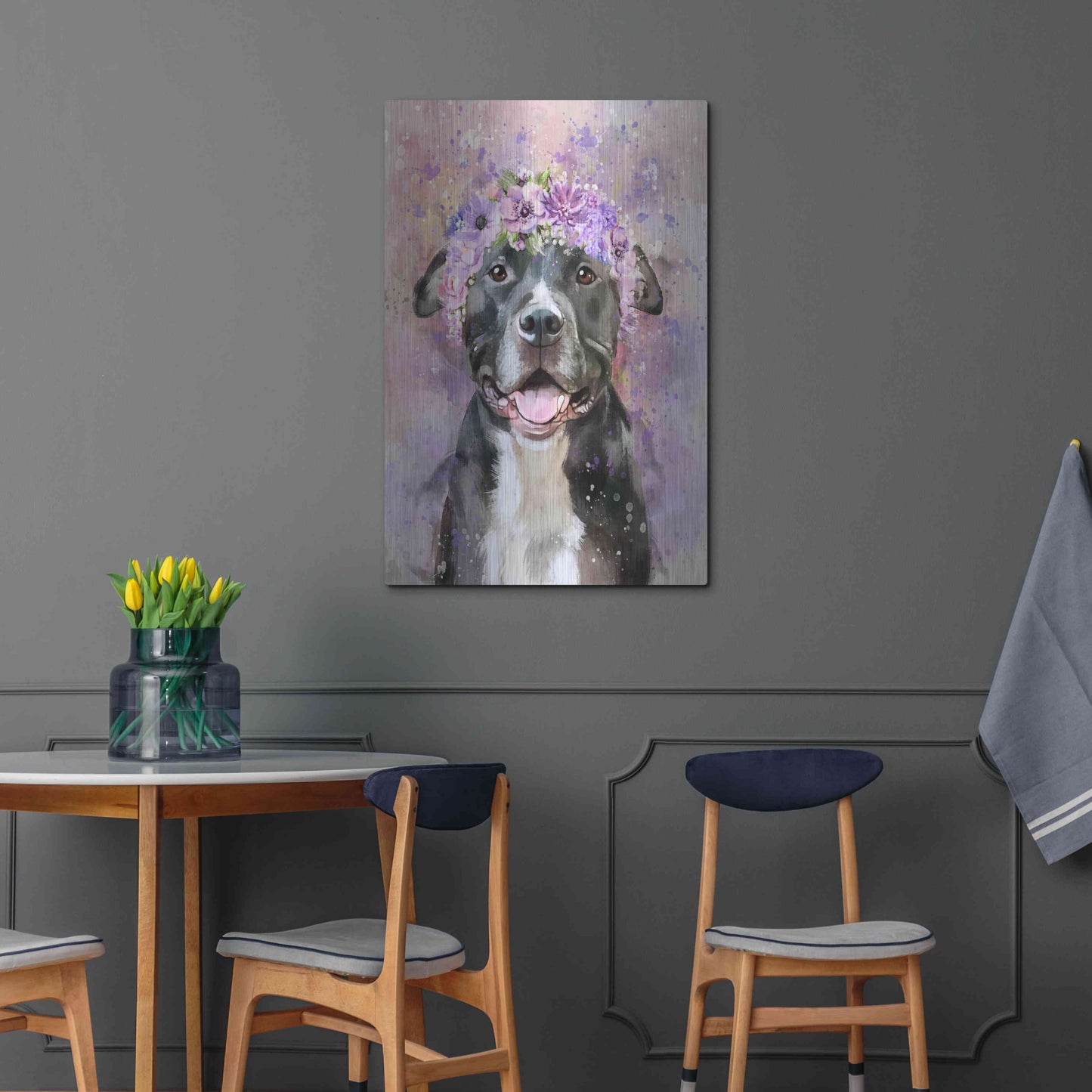 Luxe Metal Art 'Flower Crown Pit Bull 6' by Furbaby Affiliates, Metal Wall Art,24x36