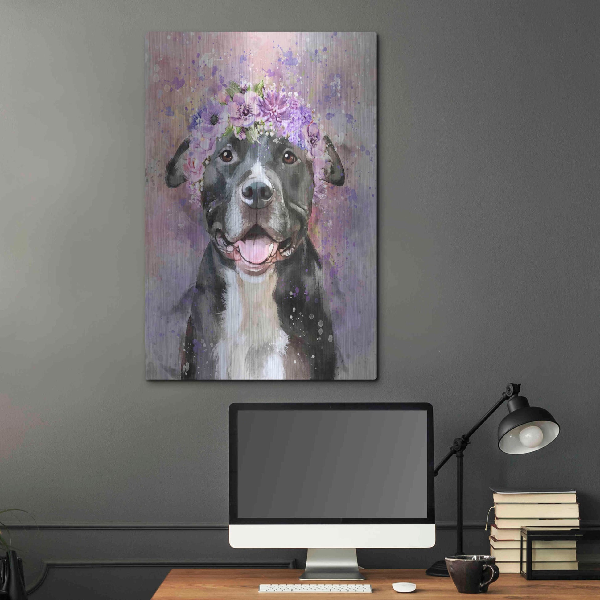 Luxe Metal Art 'Flower Crown Pit Bull 6' by Furbaby Affiliates, Metal Wall Art,24x36