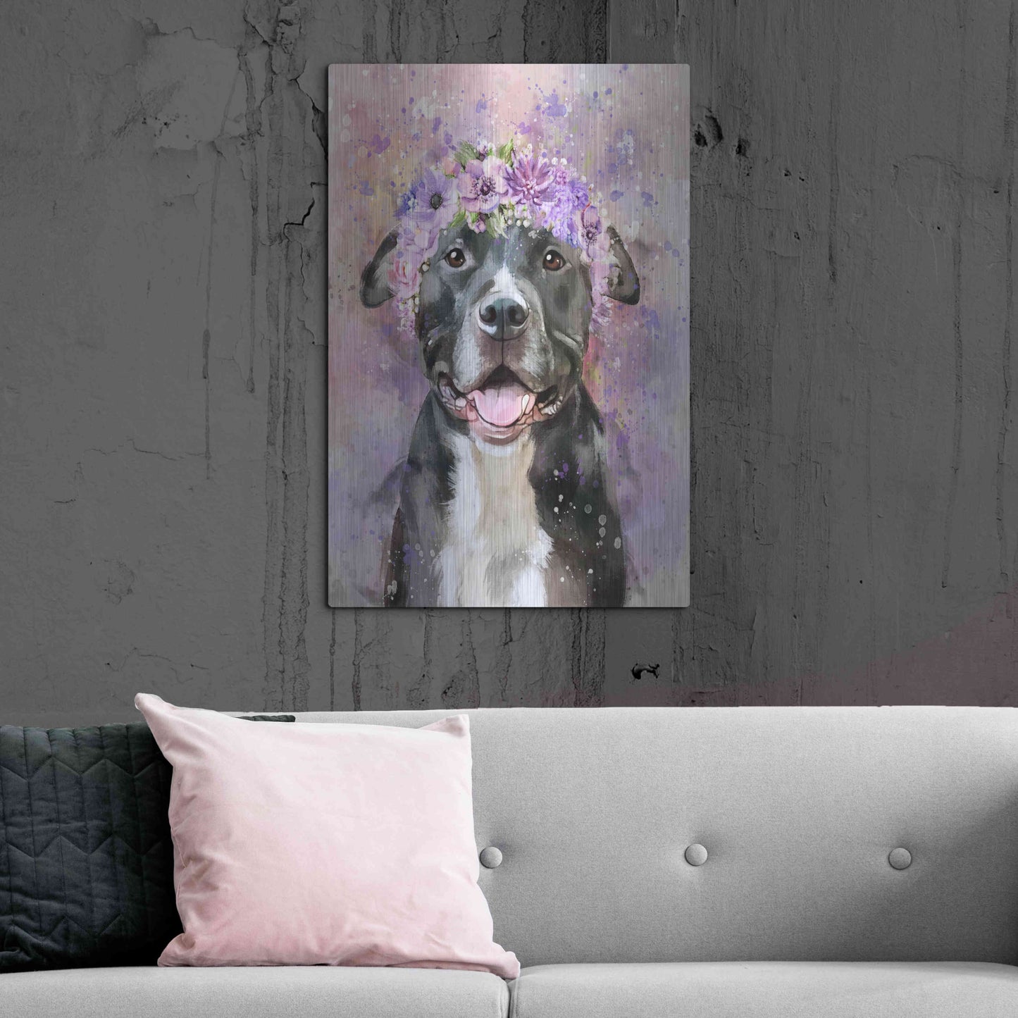 Luxe Metal Art 'Flower Crown Pit Bull 6' by Furbaby Affiliates, Metal Wall Art,24x36