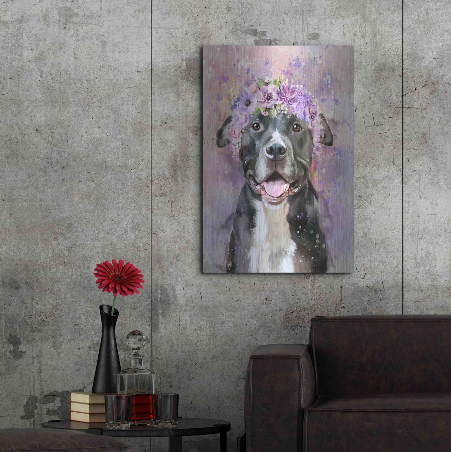 Luxe Metal Art 'Flower Crown Pit Bull 6' by Furbaby Affiliates, Metal Wall Art,24x36