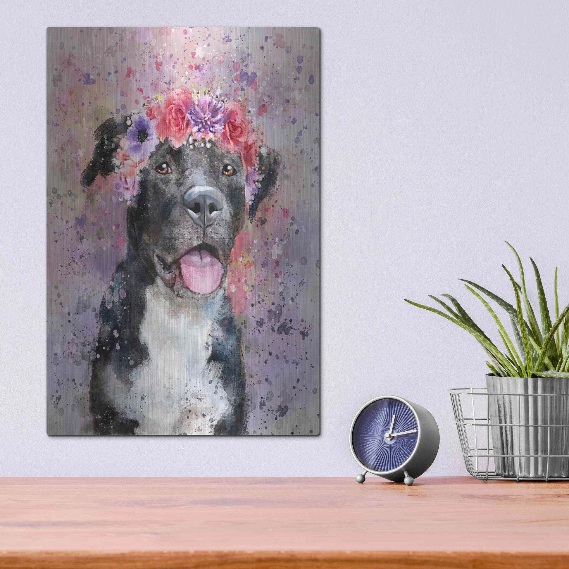 Luxe Metal Art 'Flower Crown Pit Bull 4' by Furbaby Affiliates, Metal Wall Art,12x16