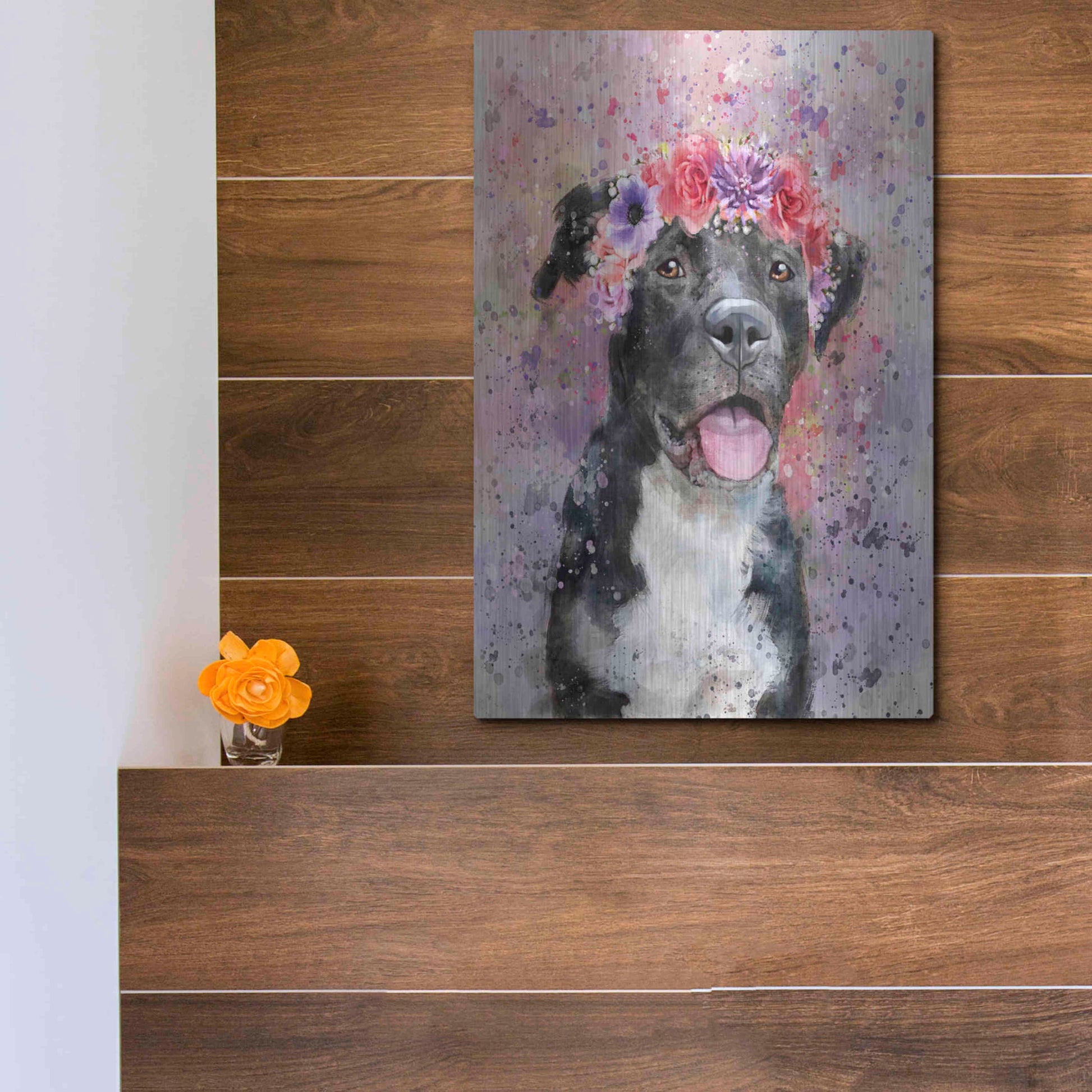 Luxe Metal Art 'Flower Crown Pit Bull 4' by Furbaby Affiliates, Metal Wall Art,12x16