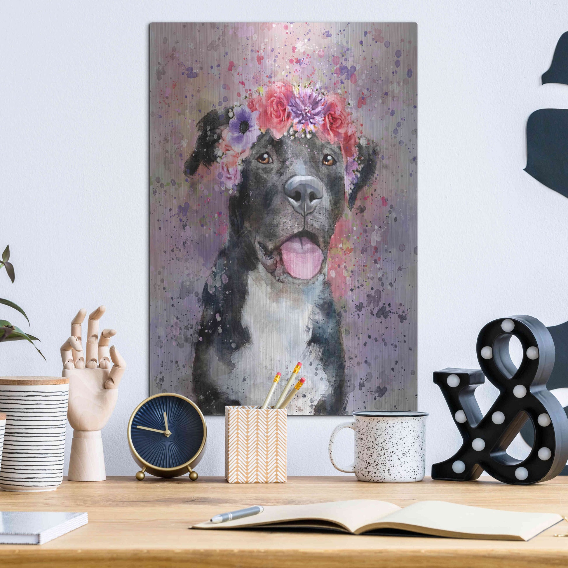 Luxe Metal Art 'Flower Crown Pit Bull 4' by Furbaby Affiliates, Metal Wall Art,12x16