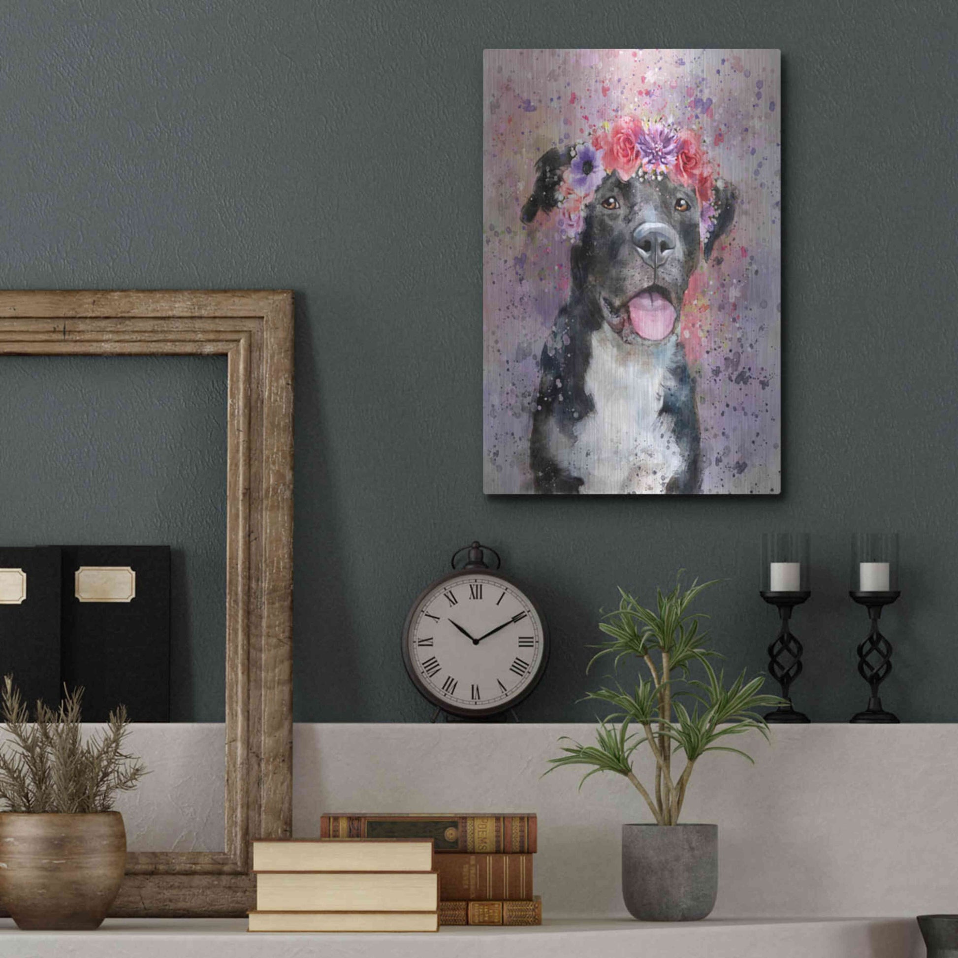 Luxe Metal Art 'Flower Crown Pit Bull 4' by Furbaby Affiliates, Metal Wall Art,12x16