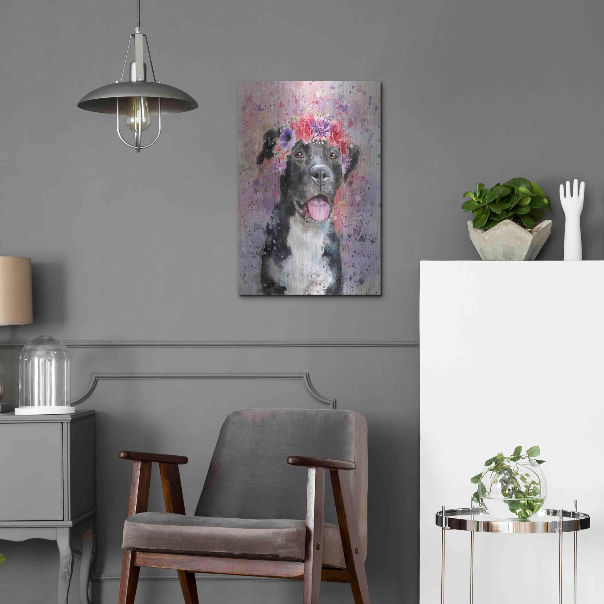 Luxe Metal Art 'Flower Crown Pit Bull 4' by Furbaby Affiliates, Metal Wall Art,16x24