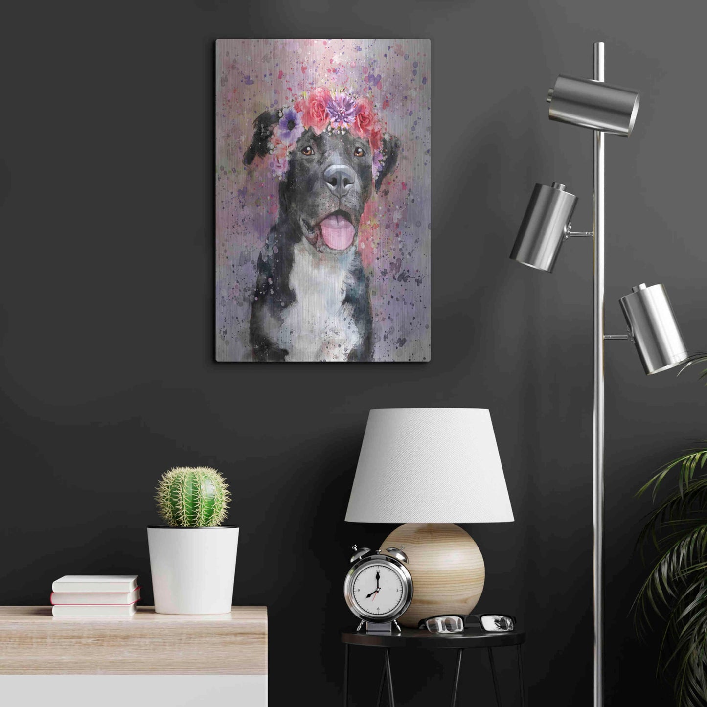 Luxe Metal Art 'Flower Crown Pit Bull 4' by Furbaby Affiliates, Metal Wall Art,16x24