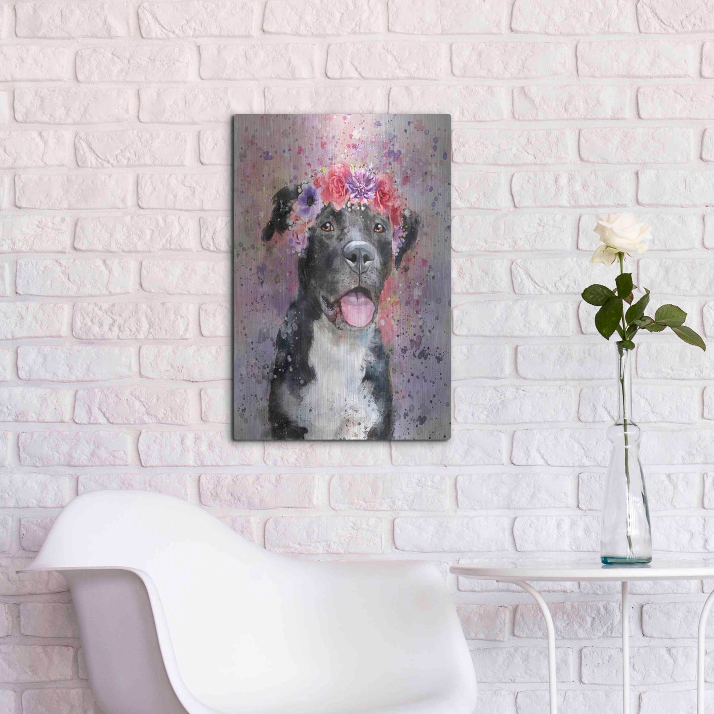 Luxe Metal Art 'Flower Crown Pit Bull 4' by Furbaby Affiliates, Metal Wall Art,16x24