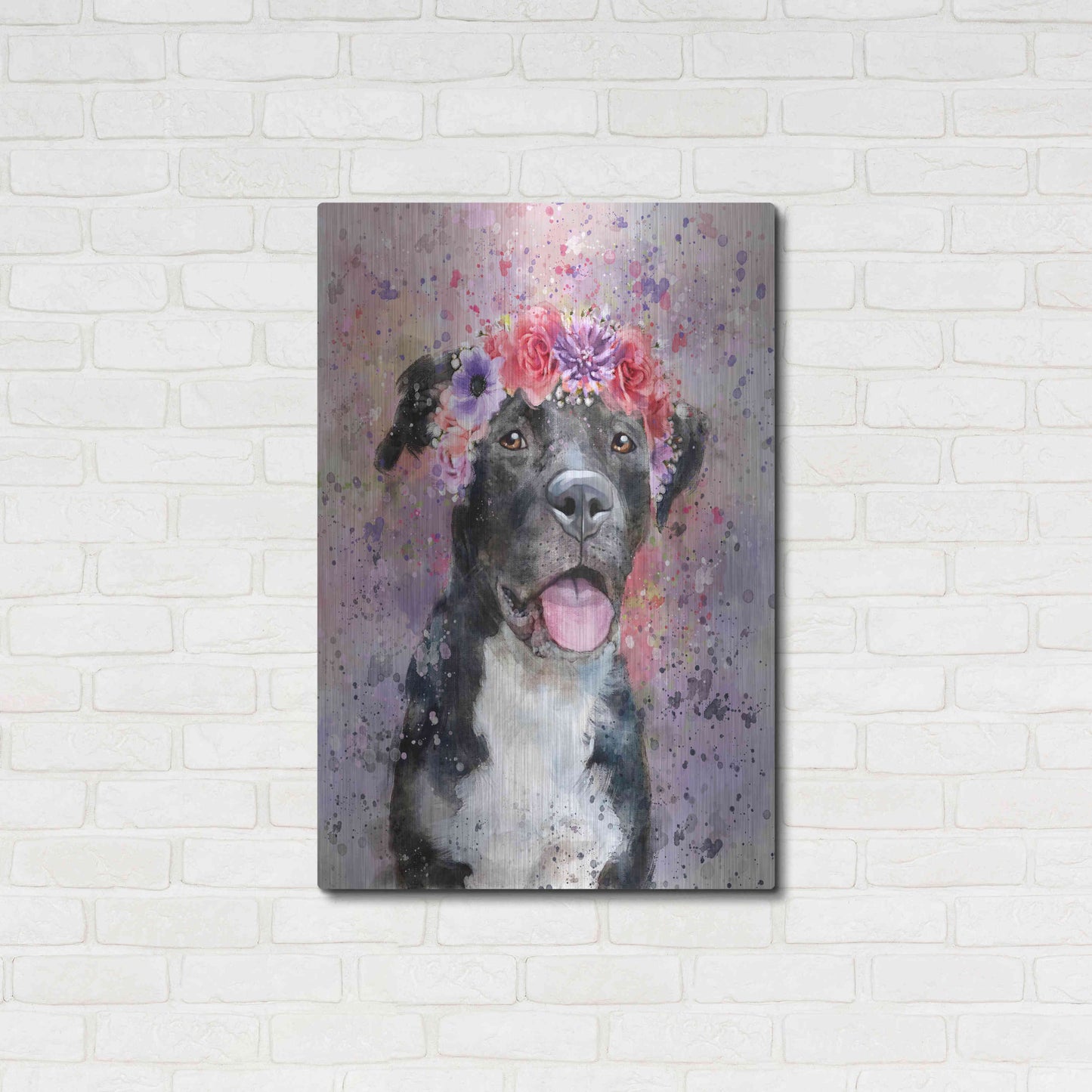 Luxe Metal Art 'Flower Crown Pit Bull 4' by Furbaby Affiliates, Metal Wall Art,24x36