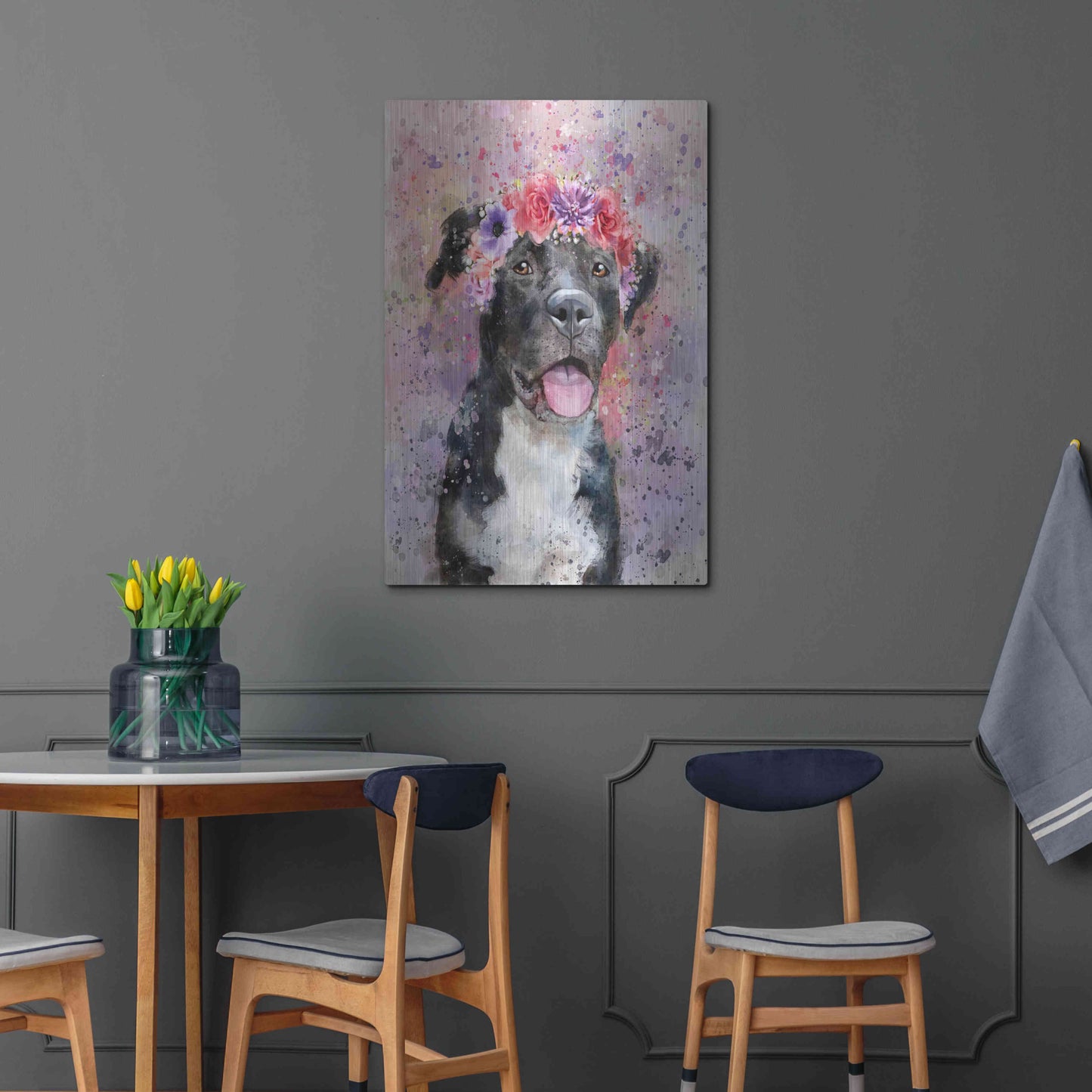 Luxe Metal Art 'Flower Crown Pit Bull 4' by Furbaby Affiliates, Metal Wall Art,24x36