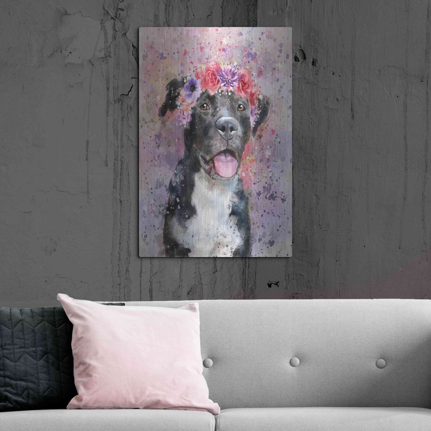 Luxe Metal Art 'Flower Crown Pit Bull 4' by Furbaby Affiliates, Metal Wall Art,24x36