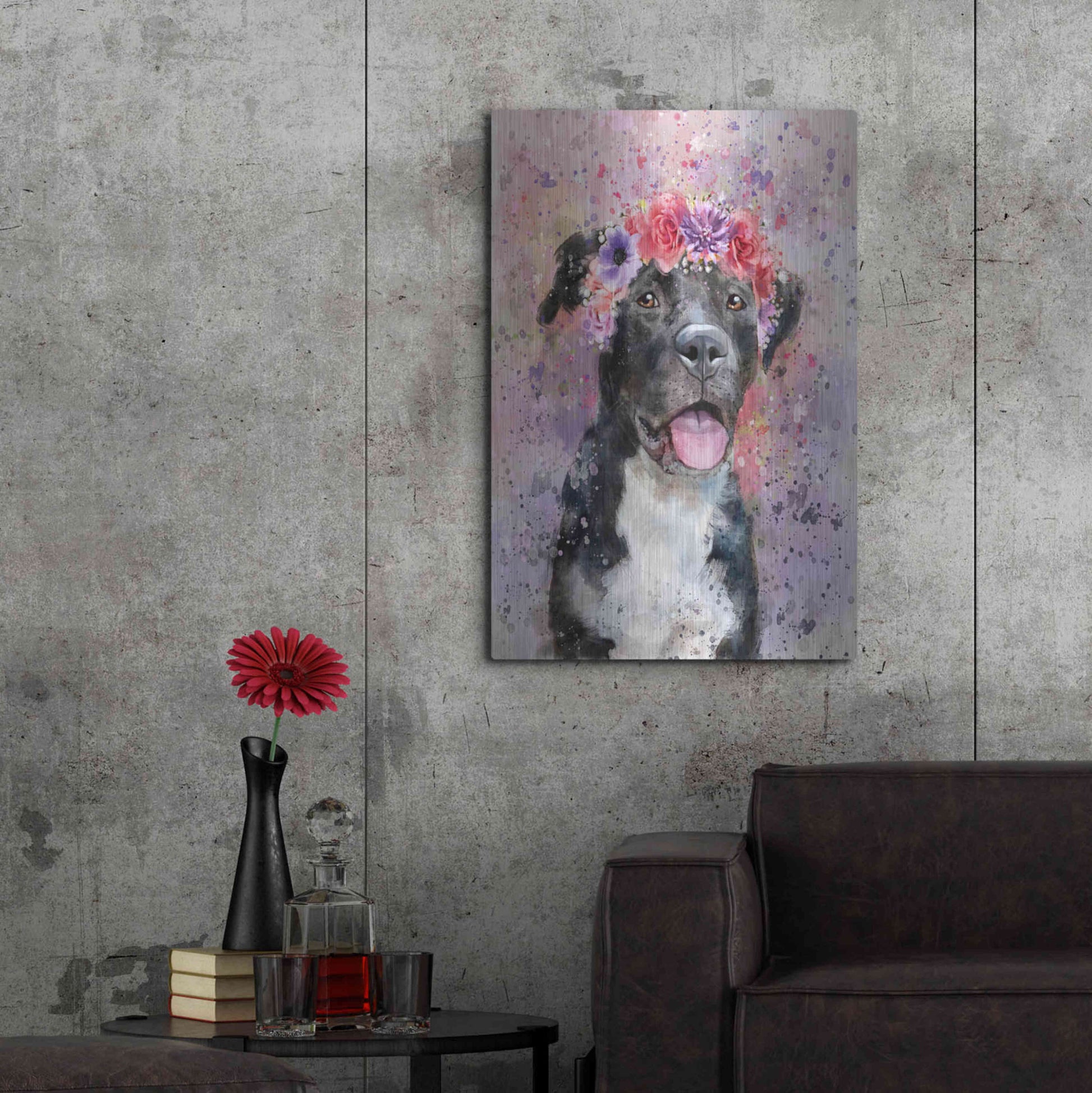 Luxe Metal Art 'Flower Crown Pit Bull 4' by Furbaby Affiliates, Metal Wall Art,24x36