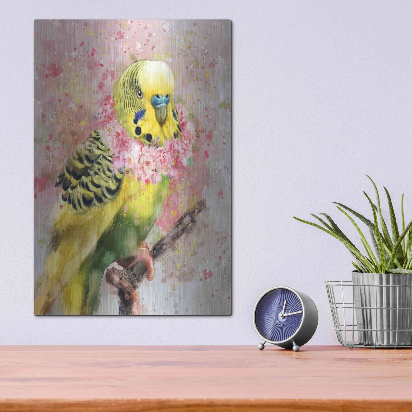 Luxe Metal Art 'Flower Crown Parakeet' by Furbaby Affiliates, Metal Wall Art,12x16