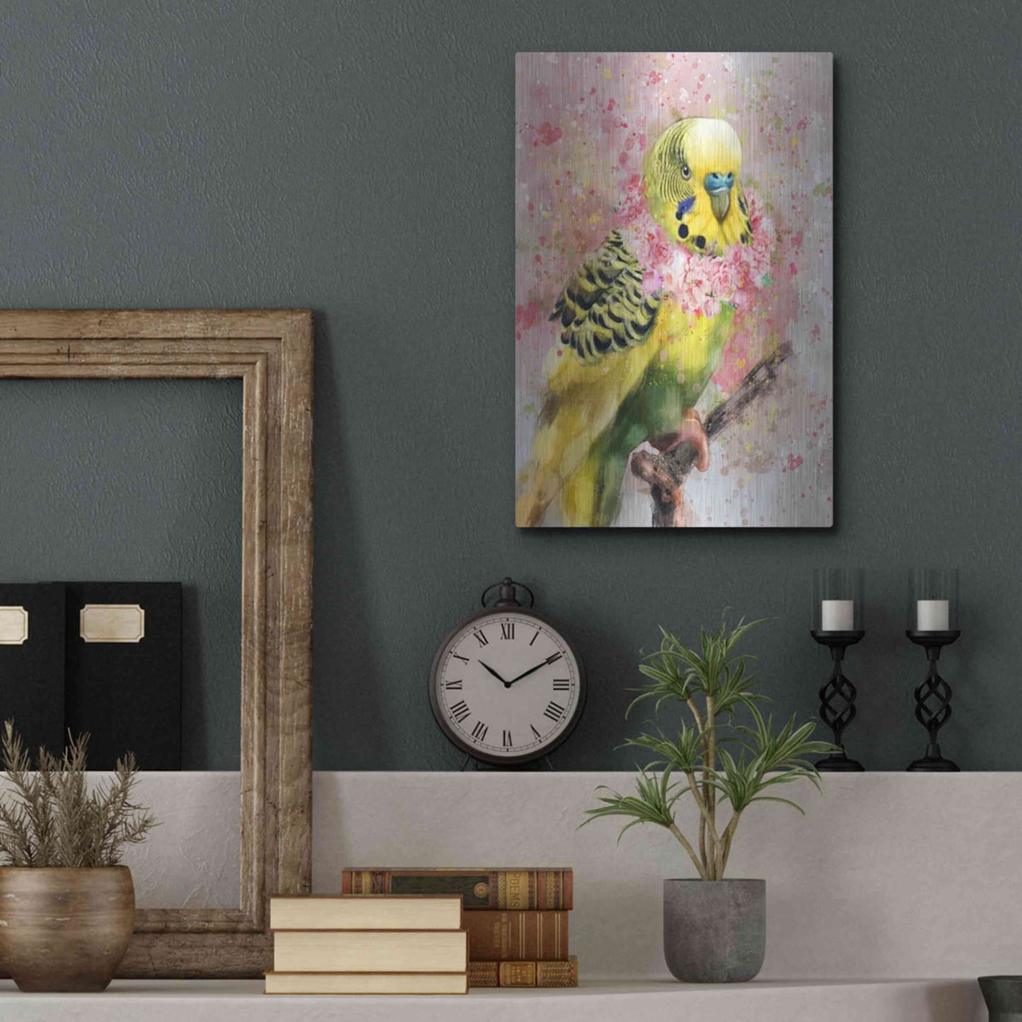 Luxe Metal Art 'Flower Crown Parakeet' by Furbaby Affiliates, Metal Wall Art,12x16