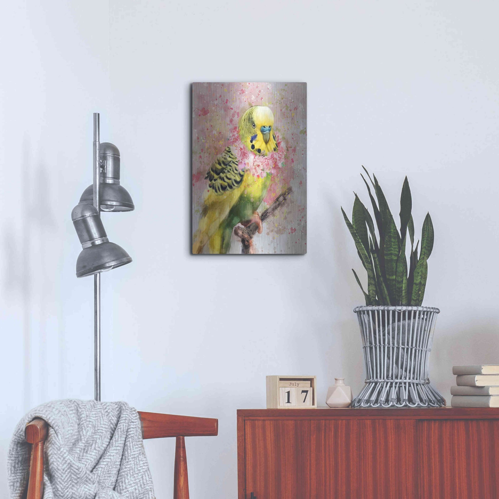 Luxe Metal Art 'Flower Crown Parakeet' by Furbaby Affiliates, Metal Wall Art,16x24