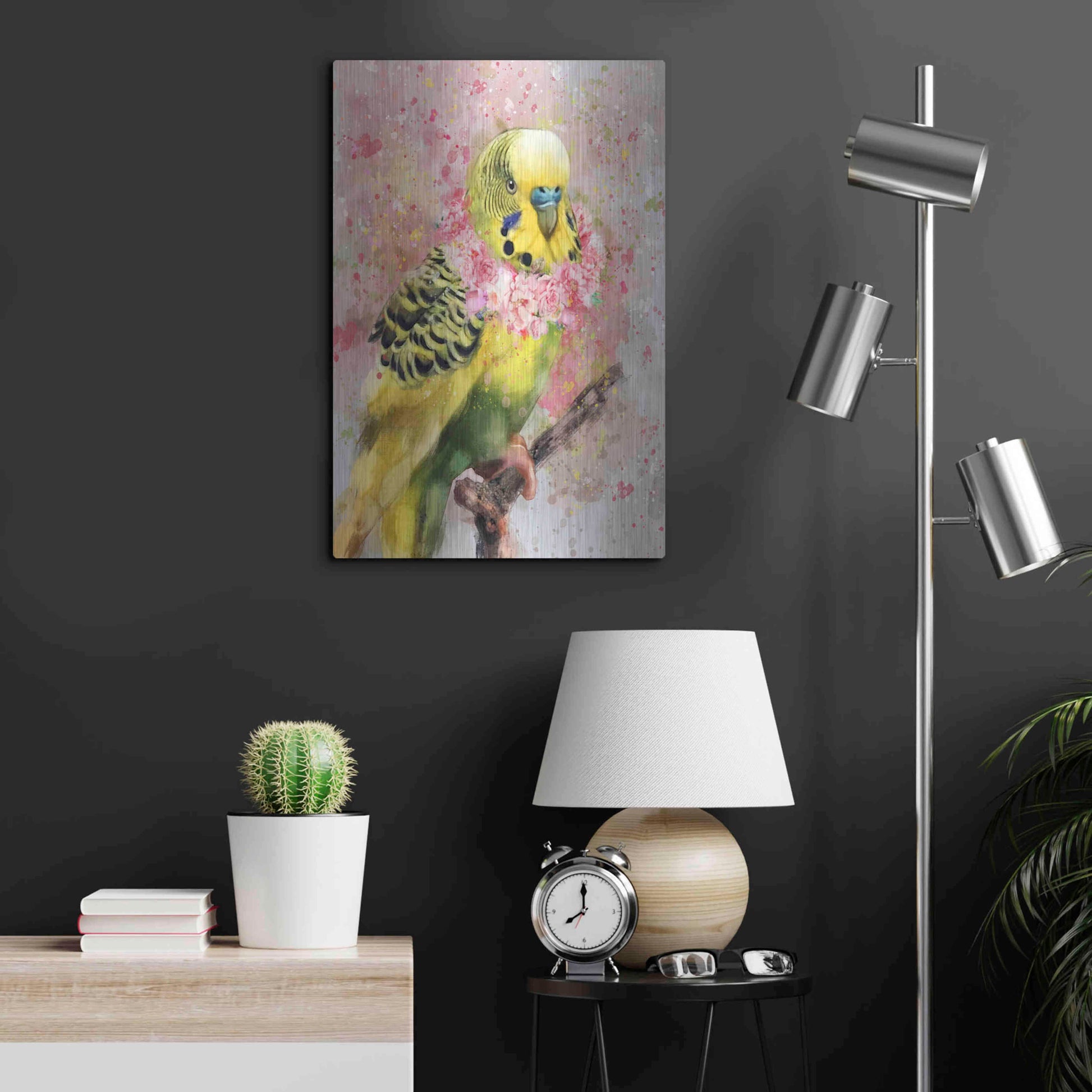 Luxe Metal Art 'Flower Crown Parakeet' by Furbaby Affiliates, Metal Wall Art,16x24