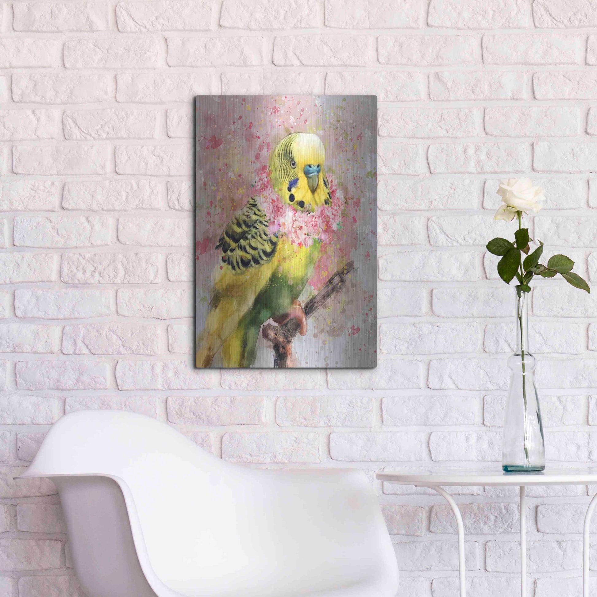 Luxe Metal Art 'Flower Crown Parakeet' by Furbaby Affiliates, Metal Wall Art,16x24