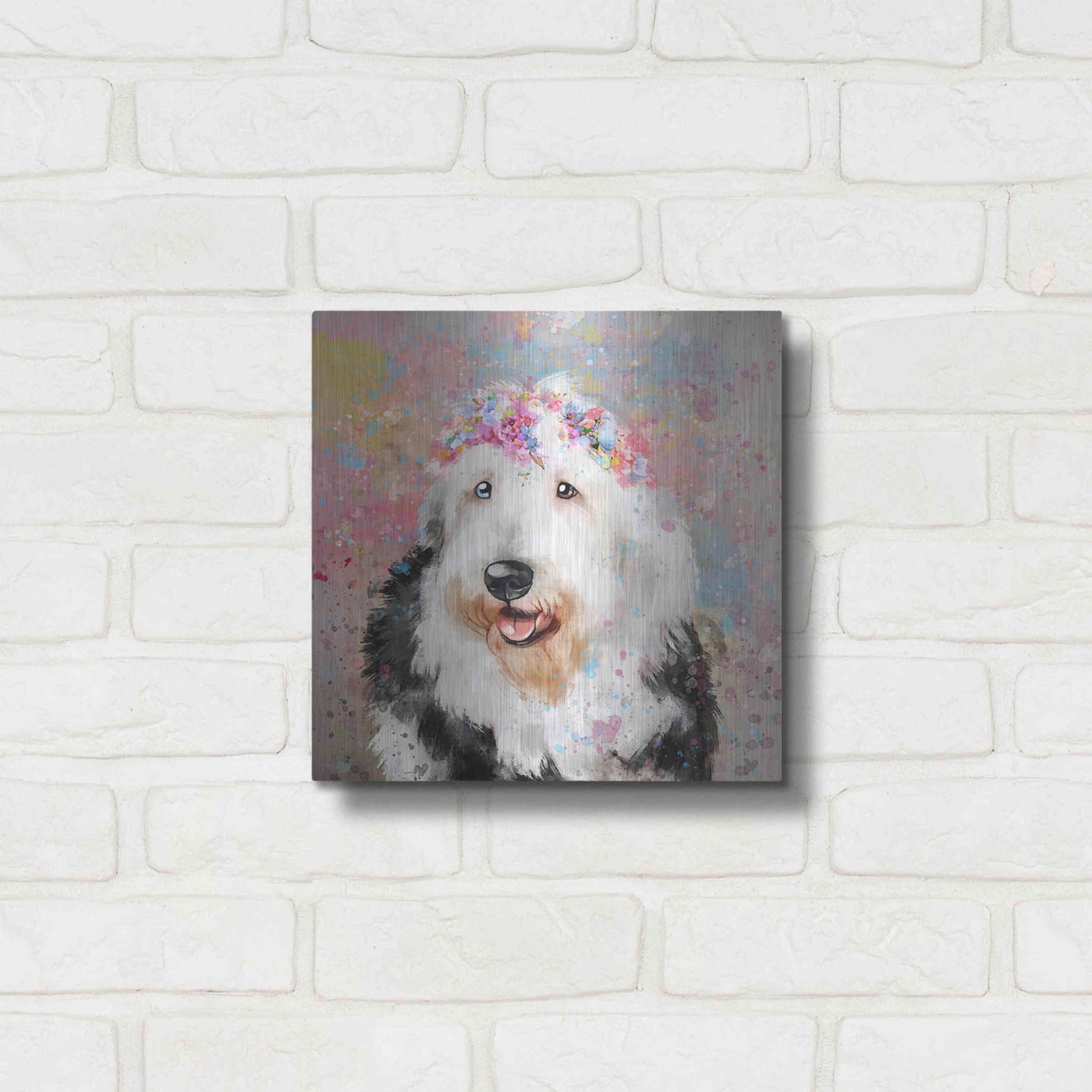 Luxe Metal Art 'Flower Crown Old English Sheepdog' by Furbaby Affiliates, Metal Wall Art,12x12