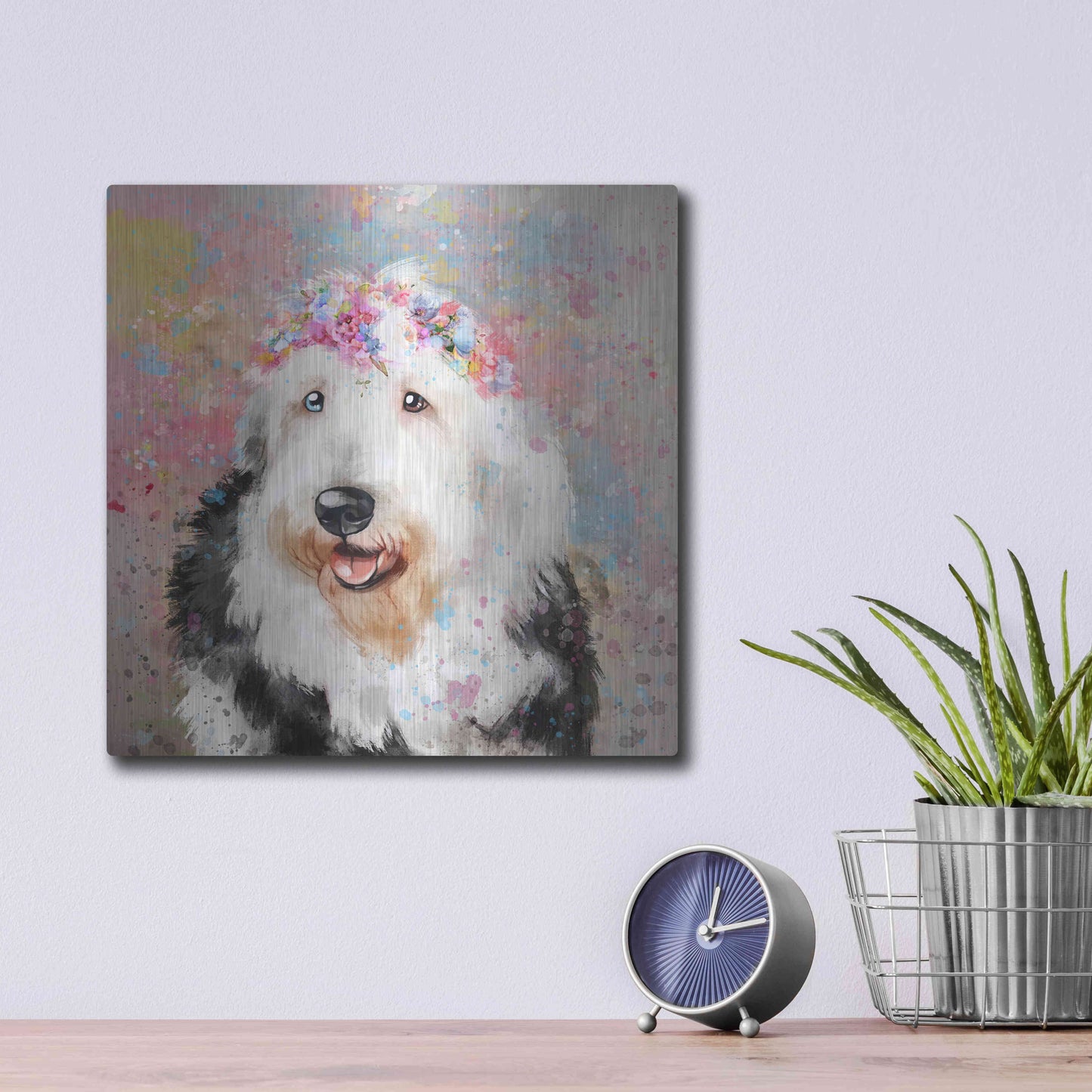 Luxe Metal Art 'Flower Crown Old English Sheepdog' by Furbaby Affiliates, Metal Wall Art,12x12