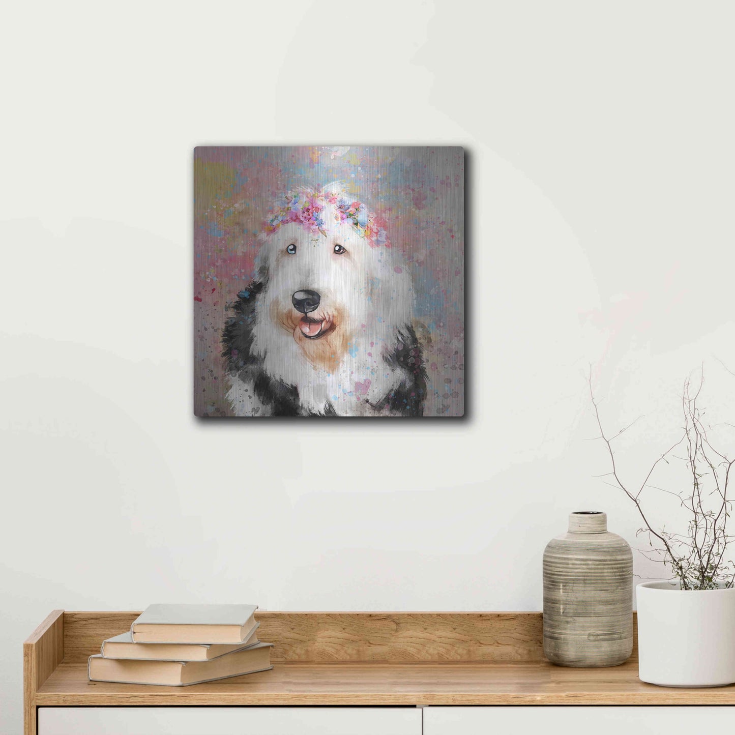 Luxe Metal Art 'Flower Crown Old English Sheepdog' by Furbaby Affiliates, Metal Wall Art,12x12