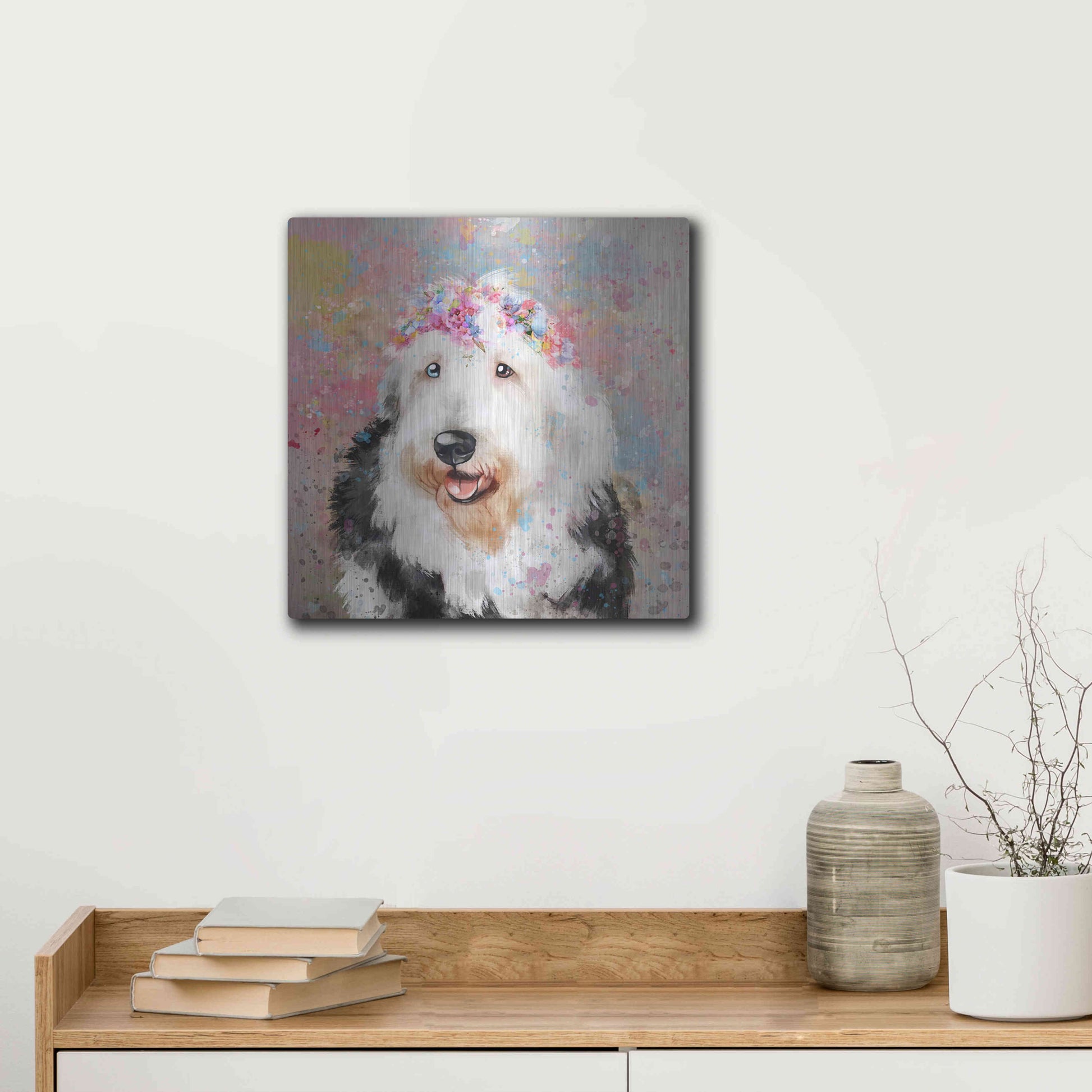 Luxe Metal Art 'Flower Crown Old English Sheepdog' by Furbaby Affiliates, Metal Wall Art,12x12