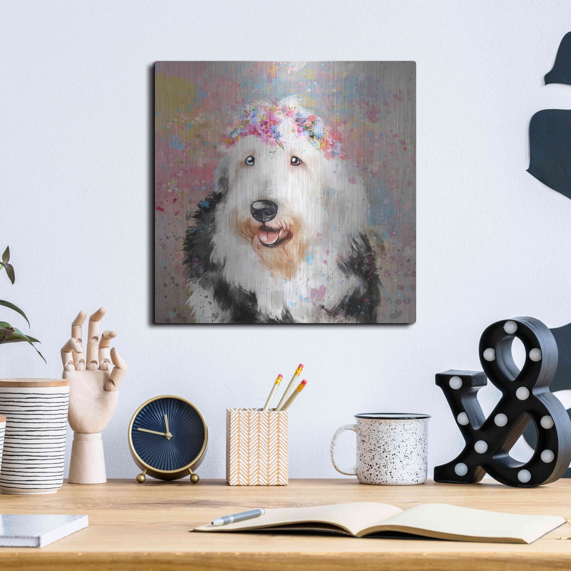 Luxe Metal Art 'Flower Crown Old English Sheepdog' by Furbaby Affiliates, Metal Wall Art,12x12