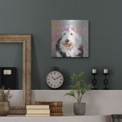 Luxe Metal Art 'Flower Crown Old English Sheepdog' by Furbaby Affiliates, Metal Wall Art,12x12