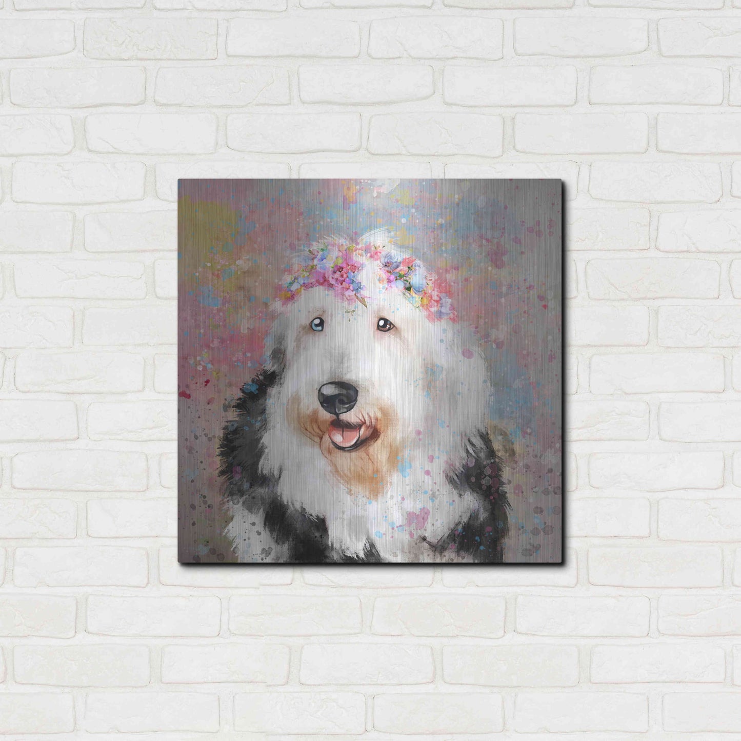 Luxe Metal Art 'Flower Crown Old English Sheepdog' by Furbaby Affiliates, Metal Wall Art,24x24