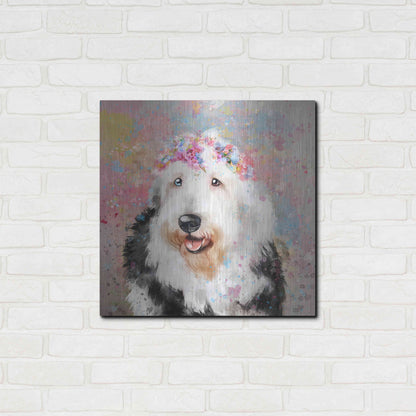 Luxe Metal Art 'Flower Crown Old English Sheepdog' by Furbaby Affiliates, Metal Wall Art,24x24