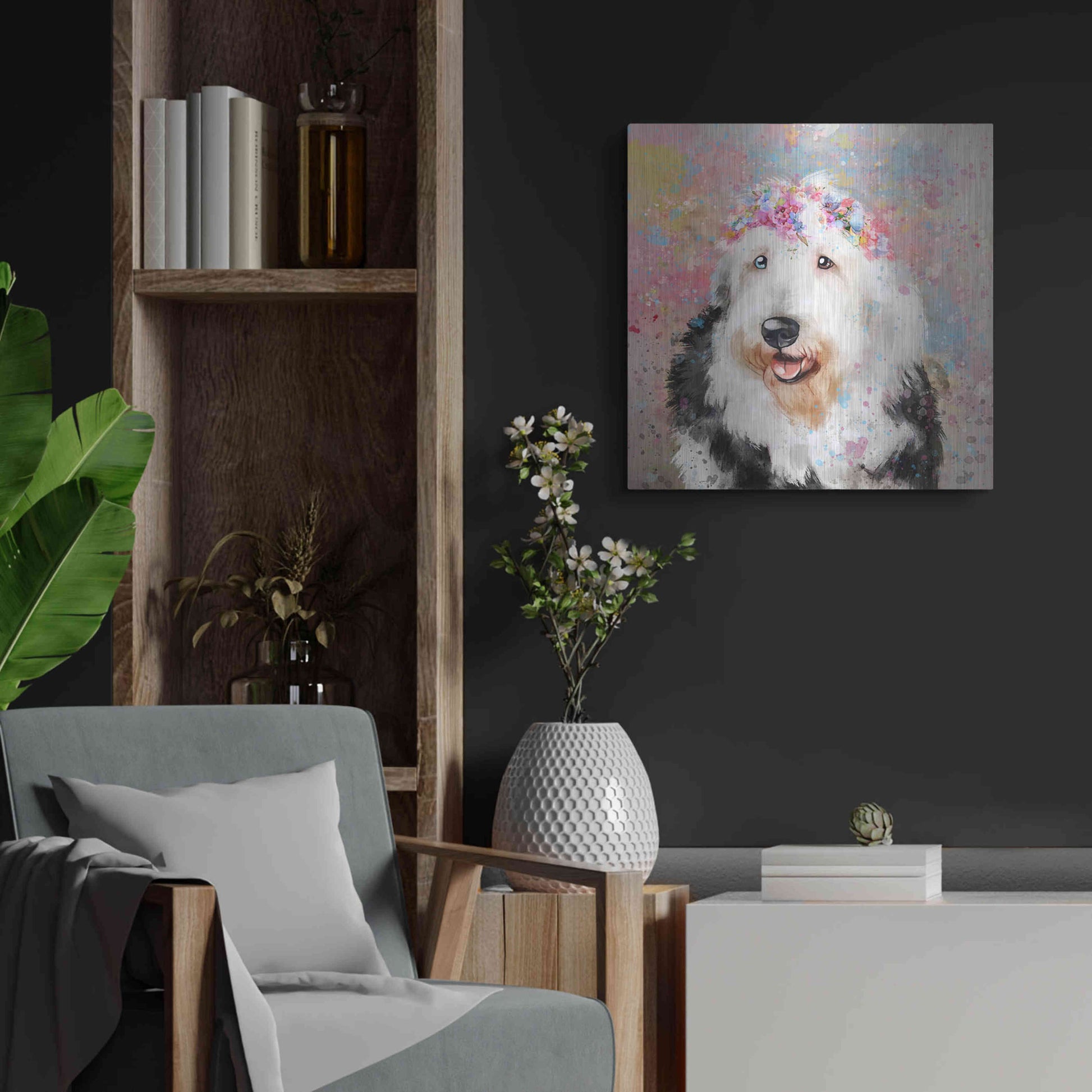 Luxe Metal Art 'Flower Crown Old English Sheepdog' by Furbaby Affiliates, Metal Wall Art,24x24