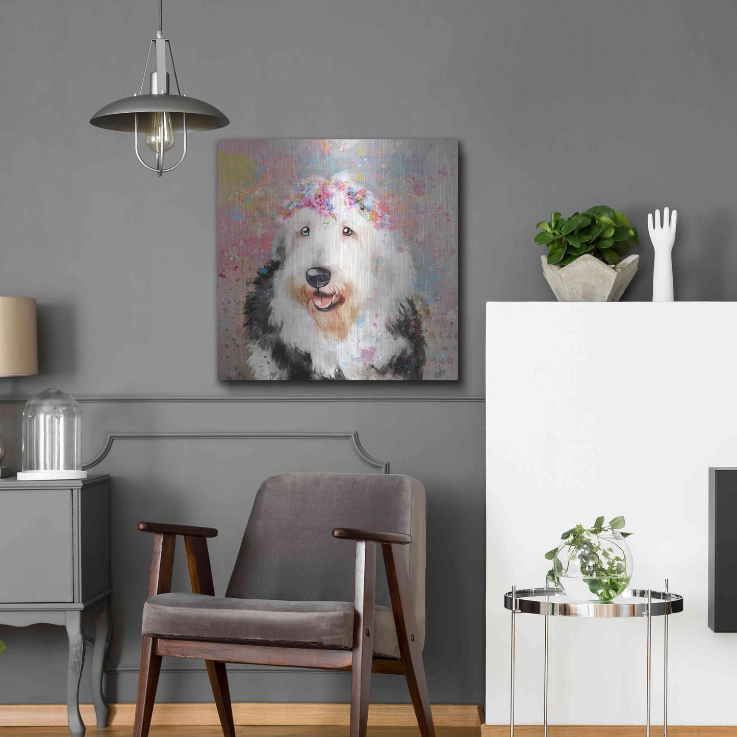 Luxe Metal Art 'Flower Crown Old English Sheepdog' by Furbaby Affiliates, Metal Wall Art,24x24