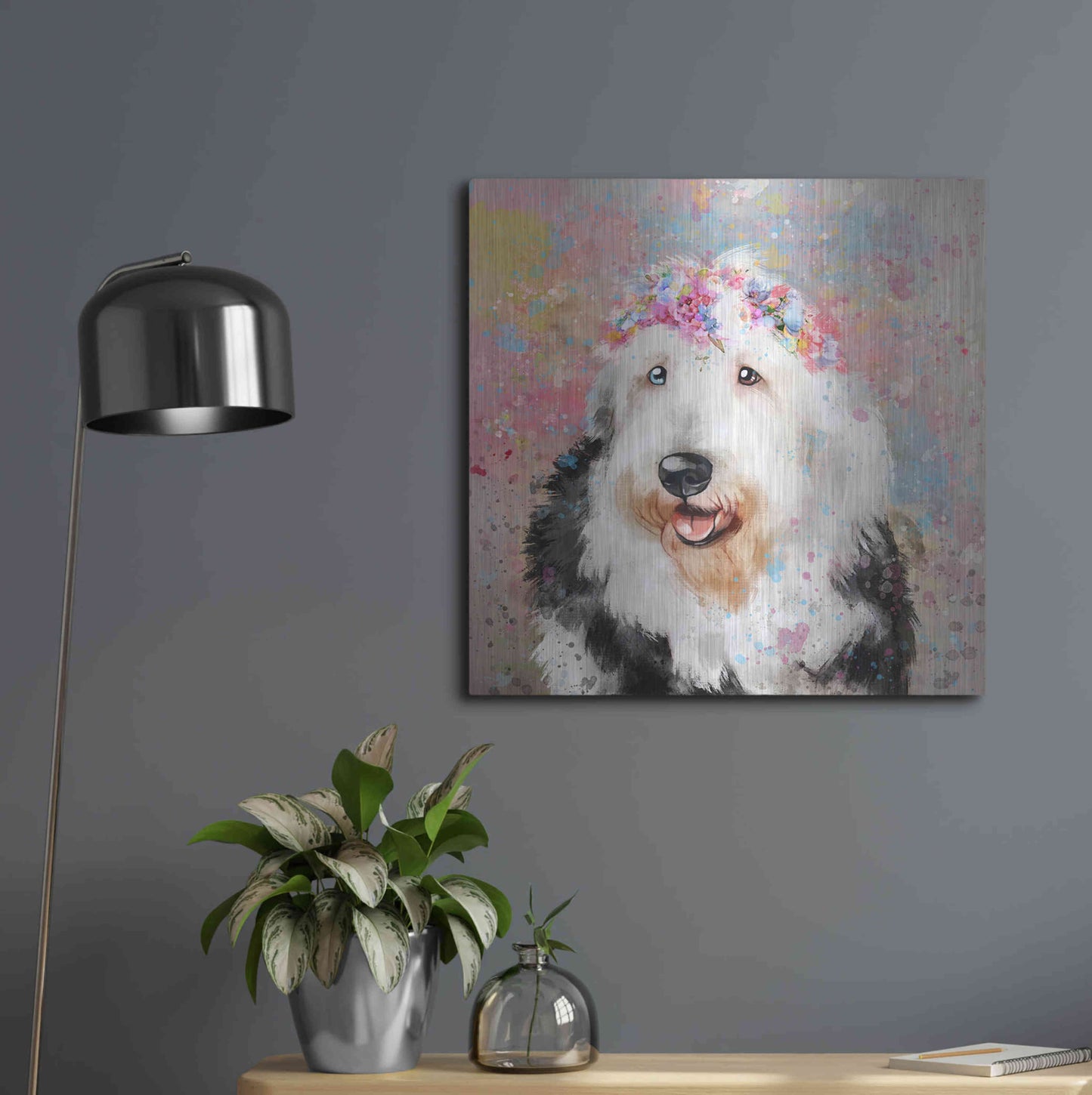 Luxe Metal Art 'Flower Crown Old English Sheepdog' by Furbaby Affiliates, Metal Wall Art,24x24