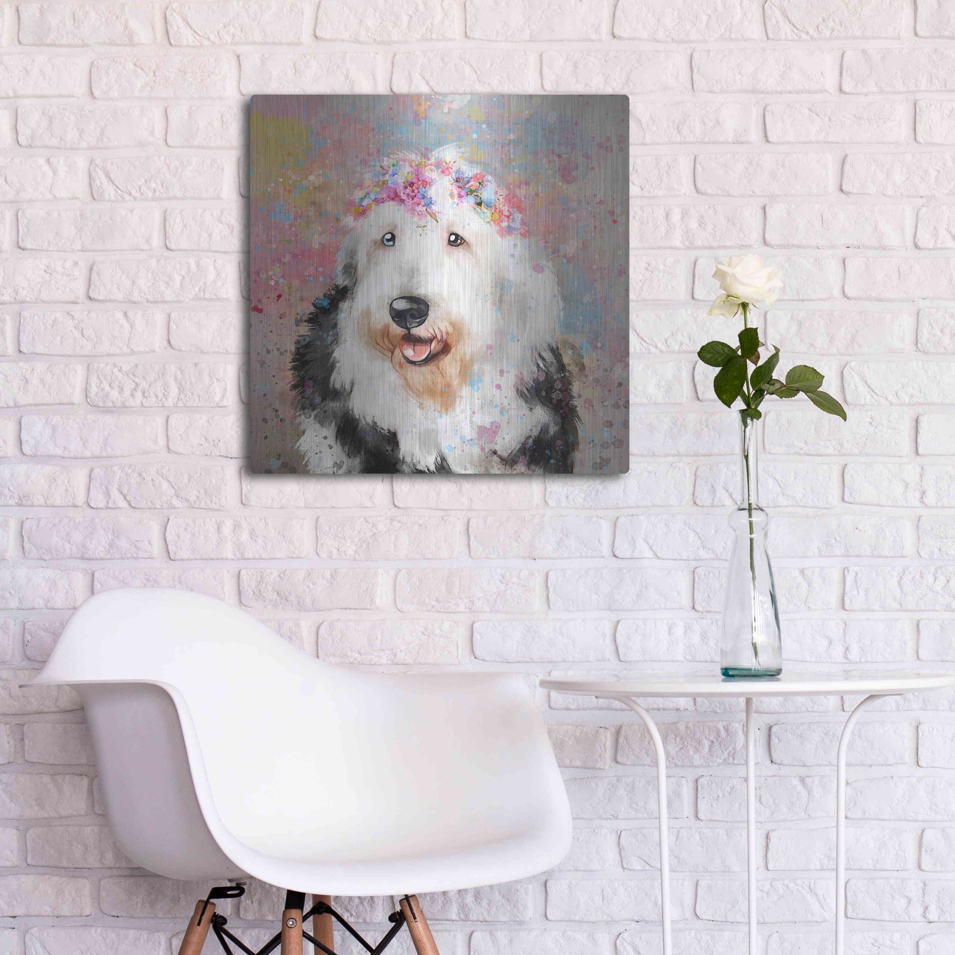 Luxe Metal Art 'Flower Crown Old English Sheepdog' by Furbaby Affiliates, Metal Wall Art,24x24