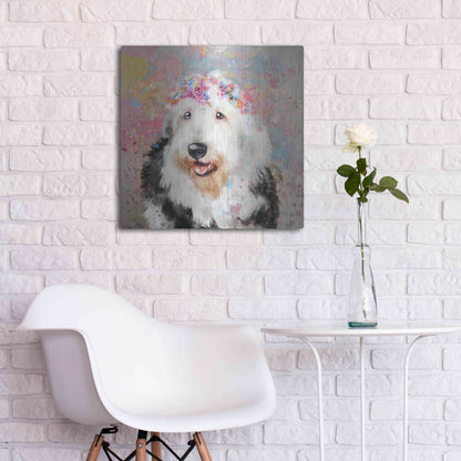 Luxe Metal Art 'Flower Crown Old English Sheepdog' by Furbaby Affiliates, Metal Wall Art,24x24