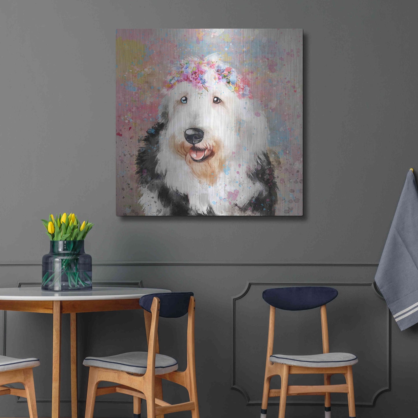 Luxe Metal Art 'Flower Crown Old English Sheepdog' by Furbaby Affiliates, Metal Wall Art,36x36