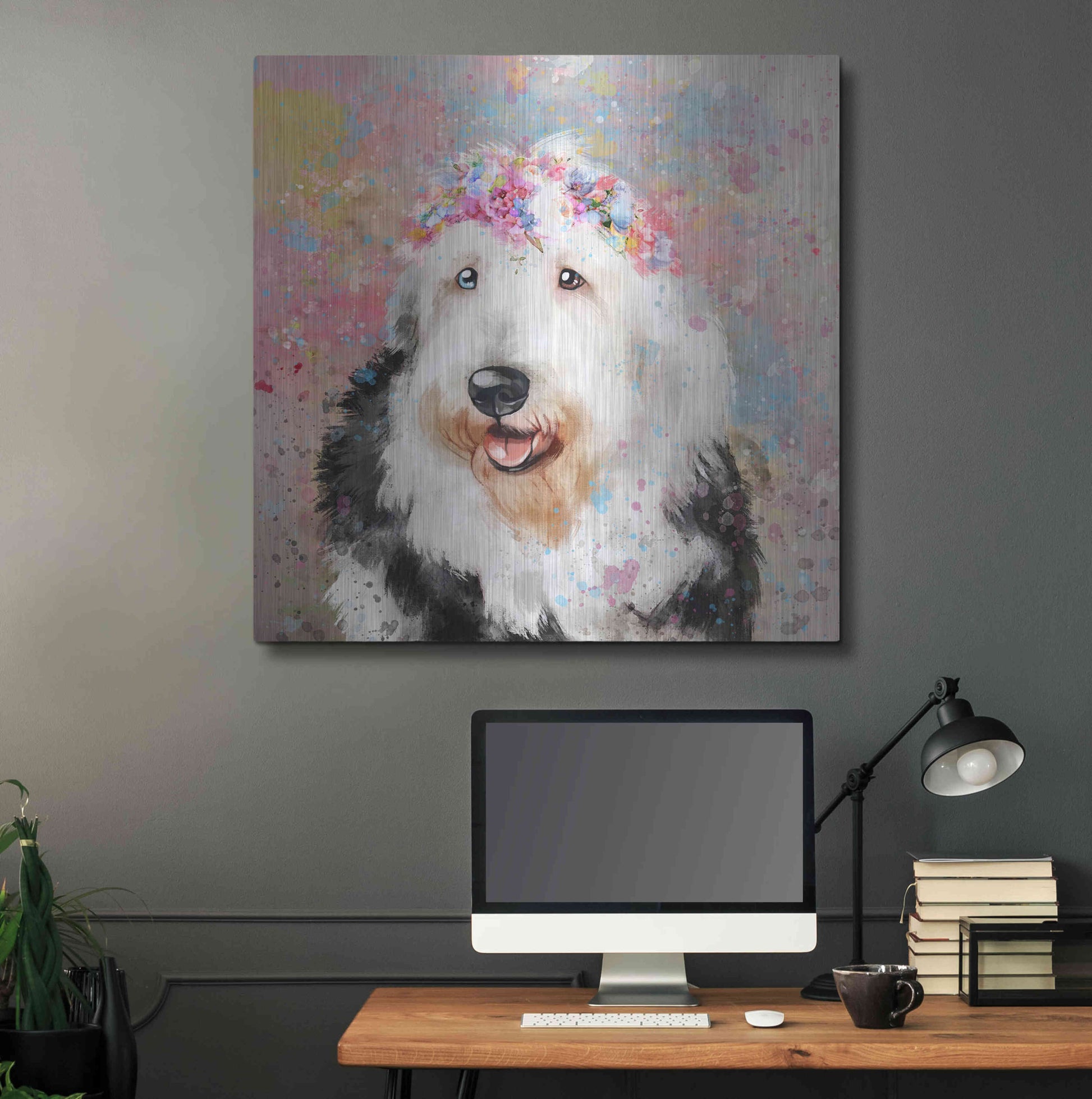 Luxe Metal Art 'Flower Crown Old English Sheepdog' by Furbaby Affiliates, Metal Wall Art,36x36