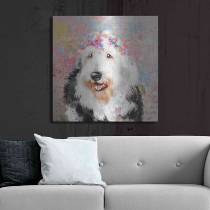 Luxe Metal Art 'Flower Crown Old English Sheepdog' by Furbaby Affiliates, Metal Wall Art,36x36