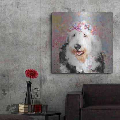 Luxe Metal Art 'Flower Crown Old English Sheepdog' by Furbaby Affiliates, Metal Wall Art,36x36