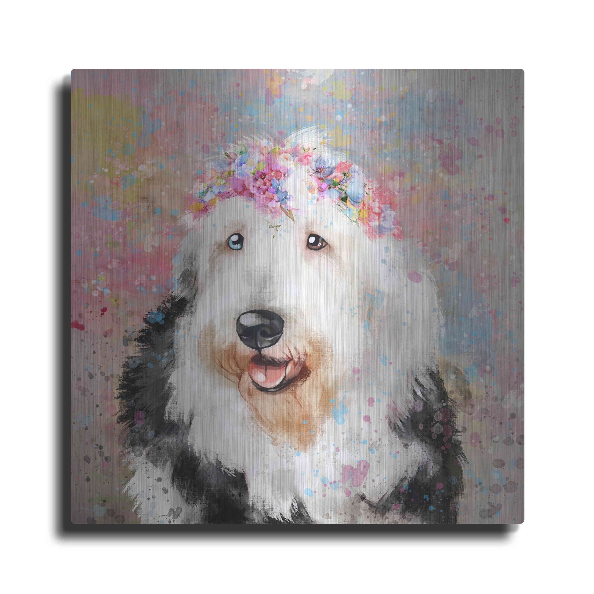 Luxe Metal Art 'Flower Crown Old English Sheepdog' by Furbaby Affiliates, Metal Wall Art