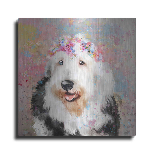 Luxe Metal Art 'Flower Crown Old English Sheepdog' by Furbaby Affiliates, Metal Wall Art