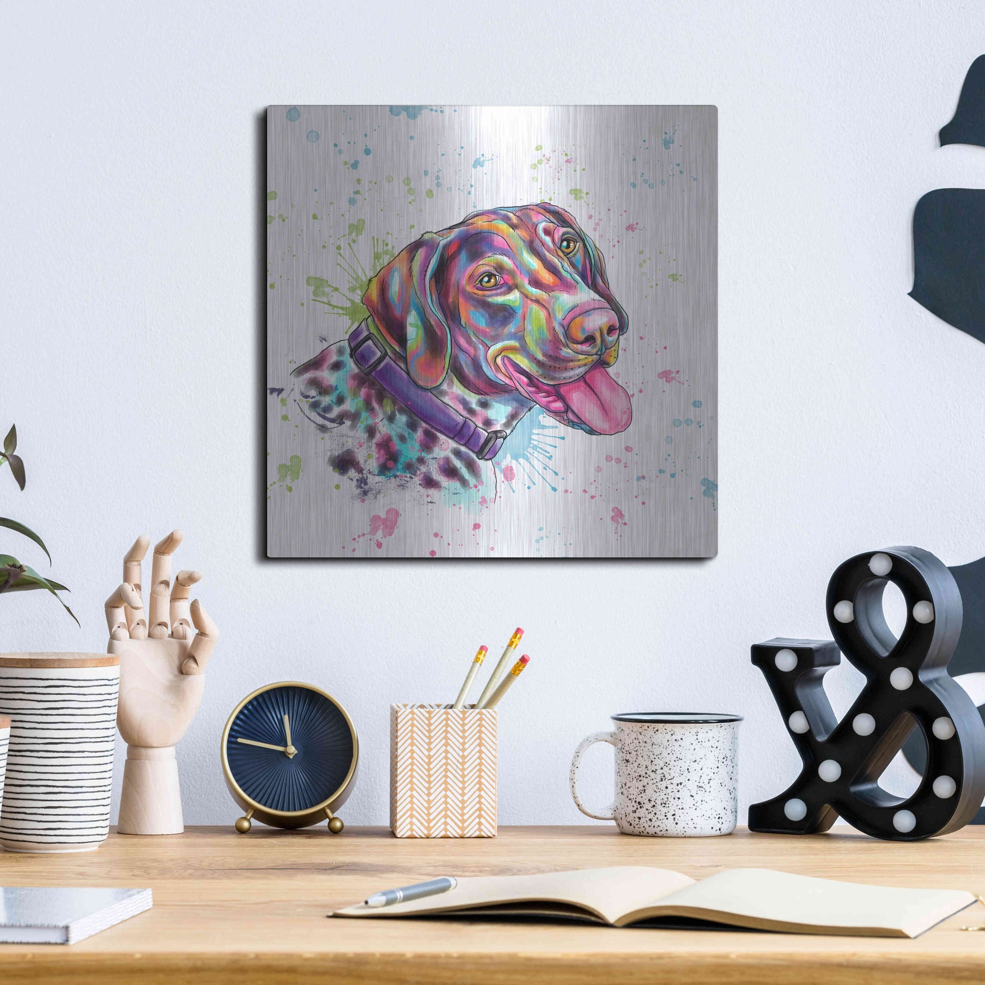 Luxe Metal Art 'Colorful Watercolor German Shorthaired Pointer' by Furbaby Affiliates, Metal Wall Art,12x12