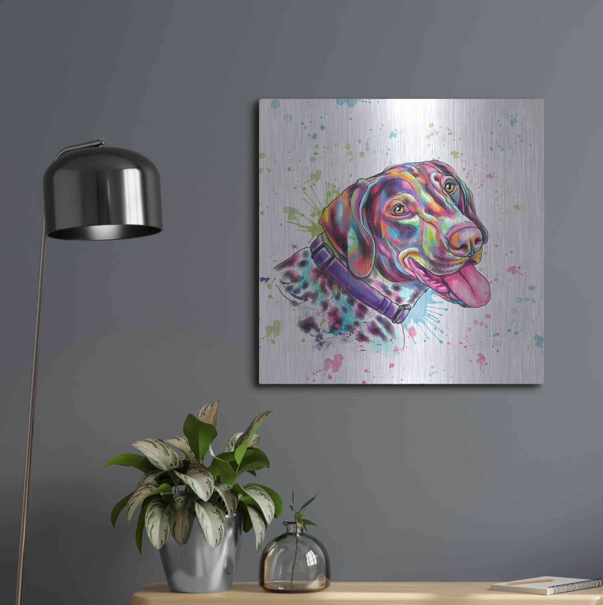 Luxe Metal Art 'Colorful Watercolor German Shorthaired Pointer' by Furbaby Affiliates, Metal Wall Art,24x24