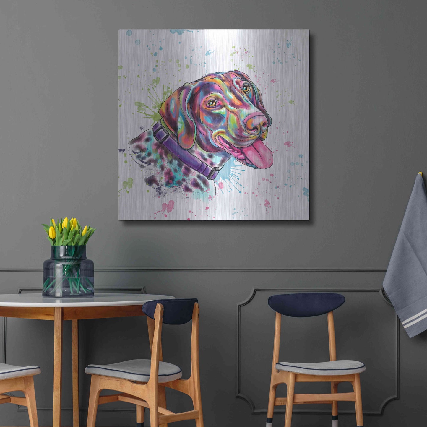 Luxe Metal Art 'Colorful Watercolor German Shorthaired Pointer' by Furbaby Affiliates, Metal Wall Art,36x36