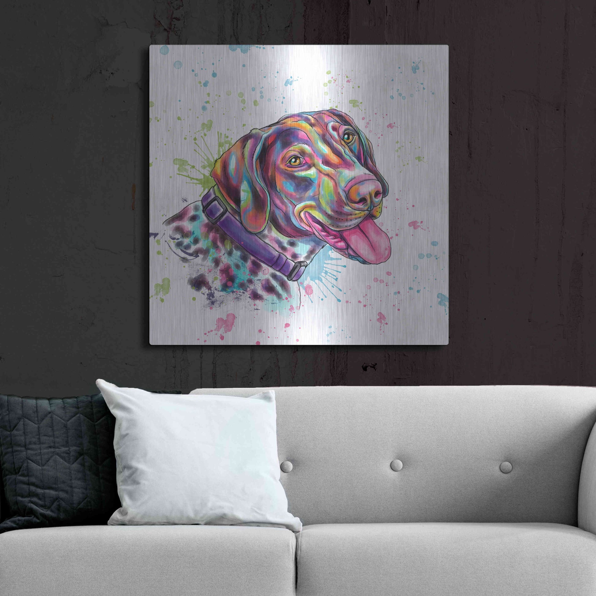 Luxe Metal Art 'Colorful Watercolor German Shorthaired Pointer' by Furbaby Affiliates, Metal Wall Art,36x36