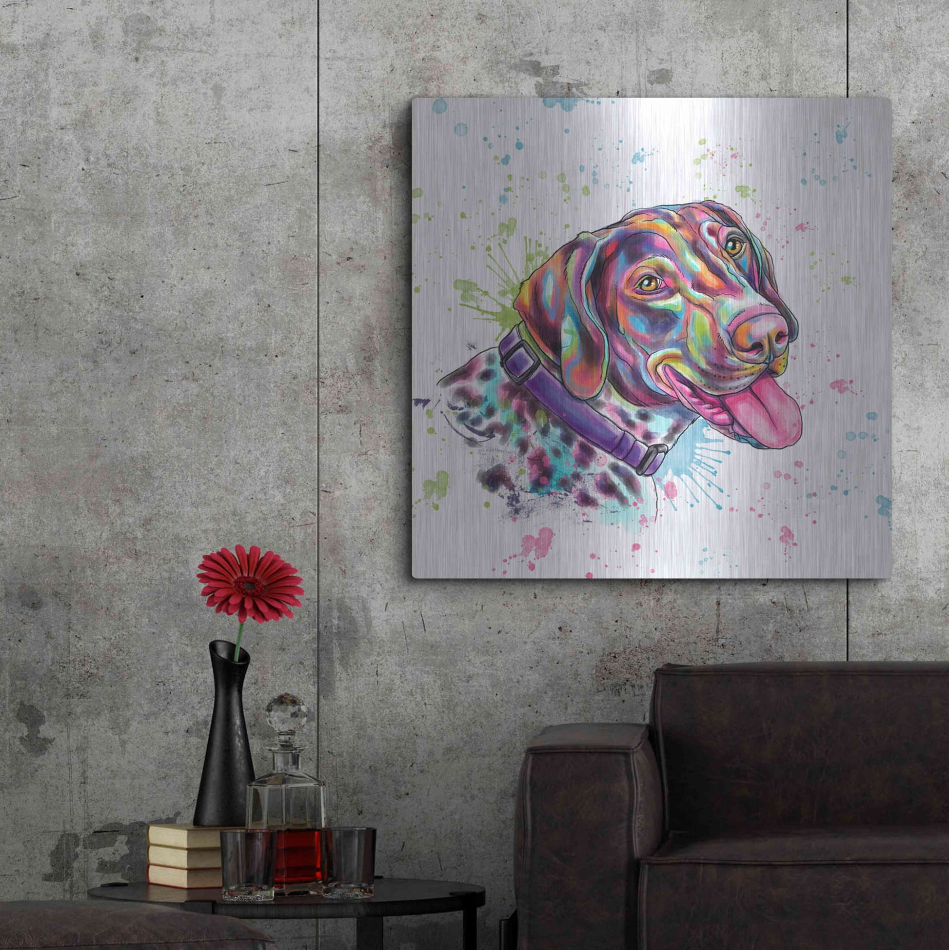 Luxe Metal Art 'Colorful Watercolor German Shorthaired Pointer' by Furbaby Affiliates, Metal Wall Art,36x36