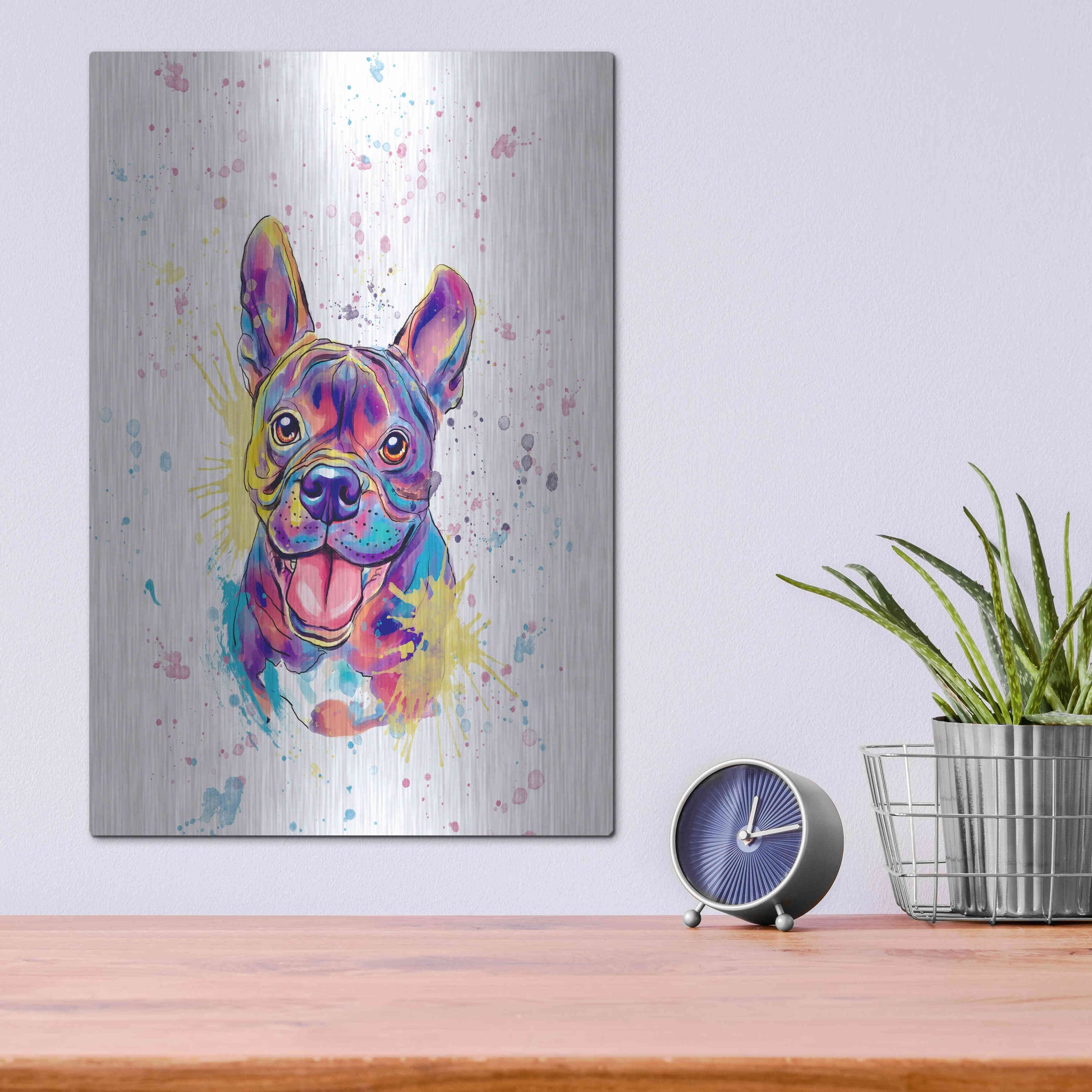 Luxe Metal Art 'Colorful Watercolor French Bulldog' by Furbaby Affiliates, Metal Wall Art,12x16