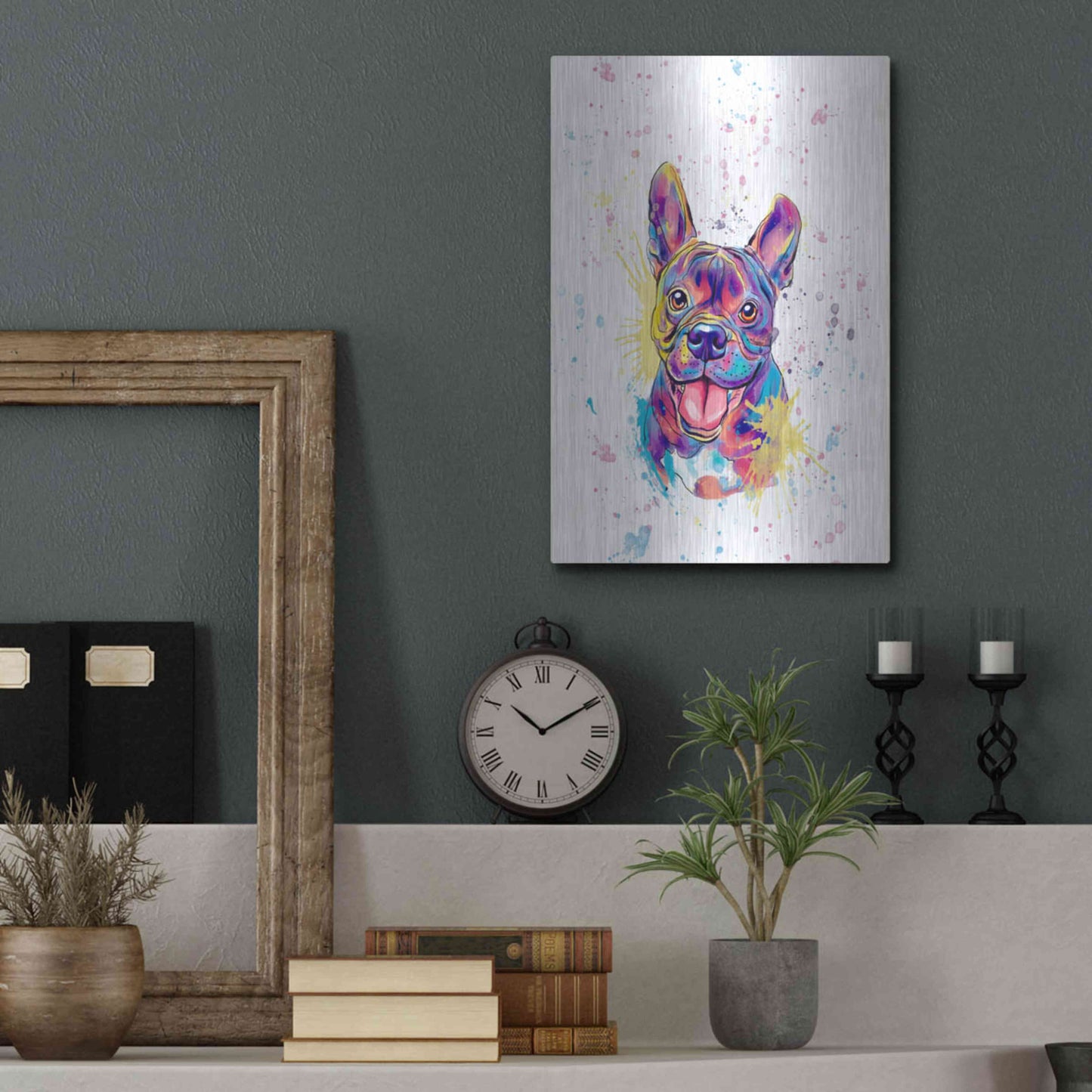 Luxe Metal Art 'Colorful Watercolor French Bulldog' by Furbaby Affiliates, Metal Wall Art,12x16