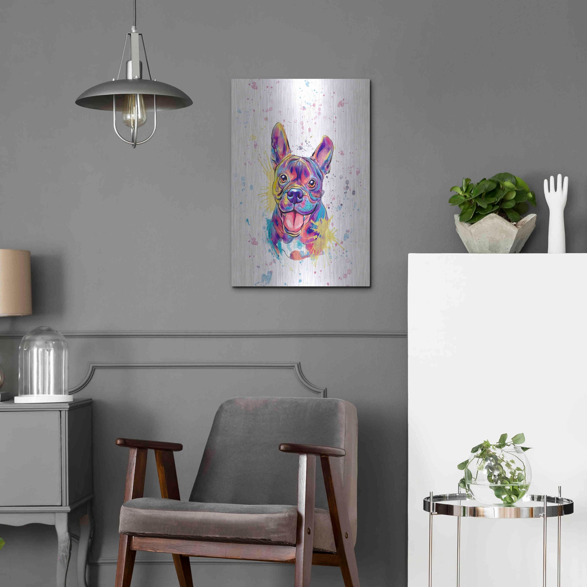 Luxe Metal Art 'Colorful Watercolor French Bulldog' by Furbaby Affiliates, Metal Wall Art,16x24