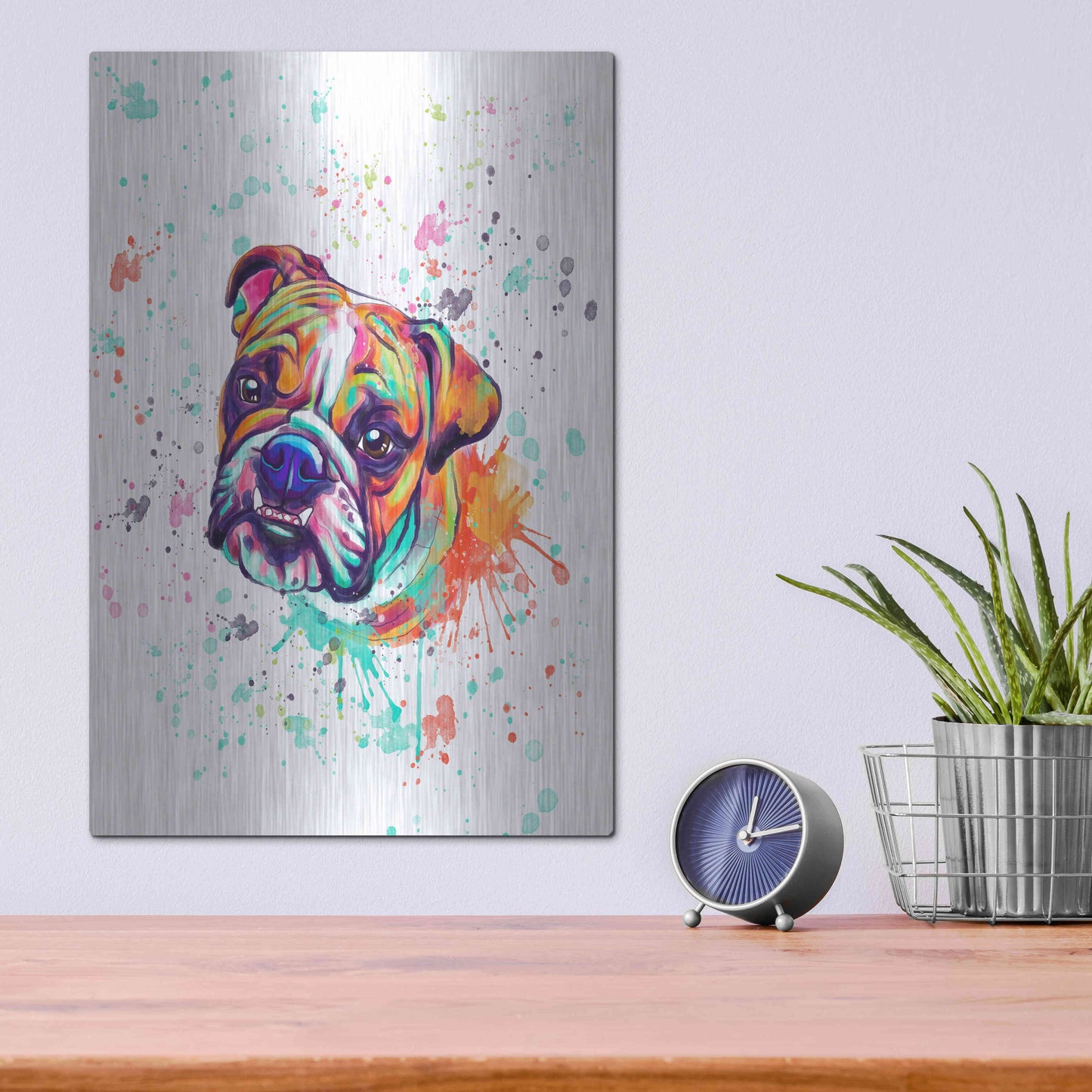 Luxe Metal Art 'Colorful Watercolor English Bulldog' by Furbaby Affiliates, Metal Wall Art,12x16