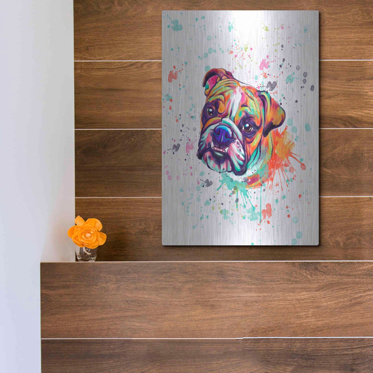 Luxe Metal Art 'Colorful Watercolor English Bulldog' by Furbaby Affiliates, Metal Wall Art,12x16