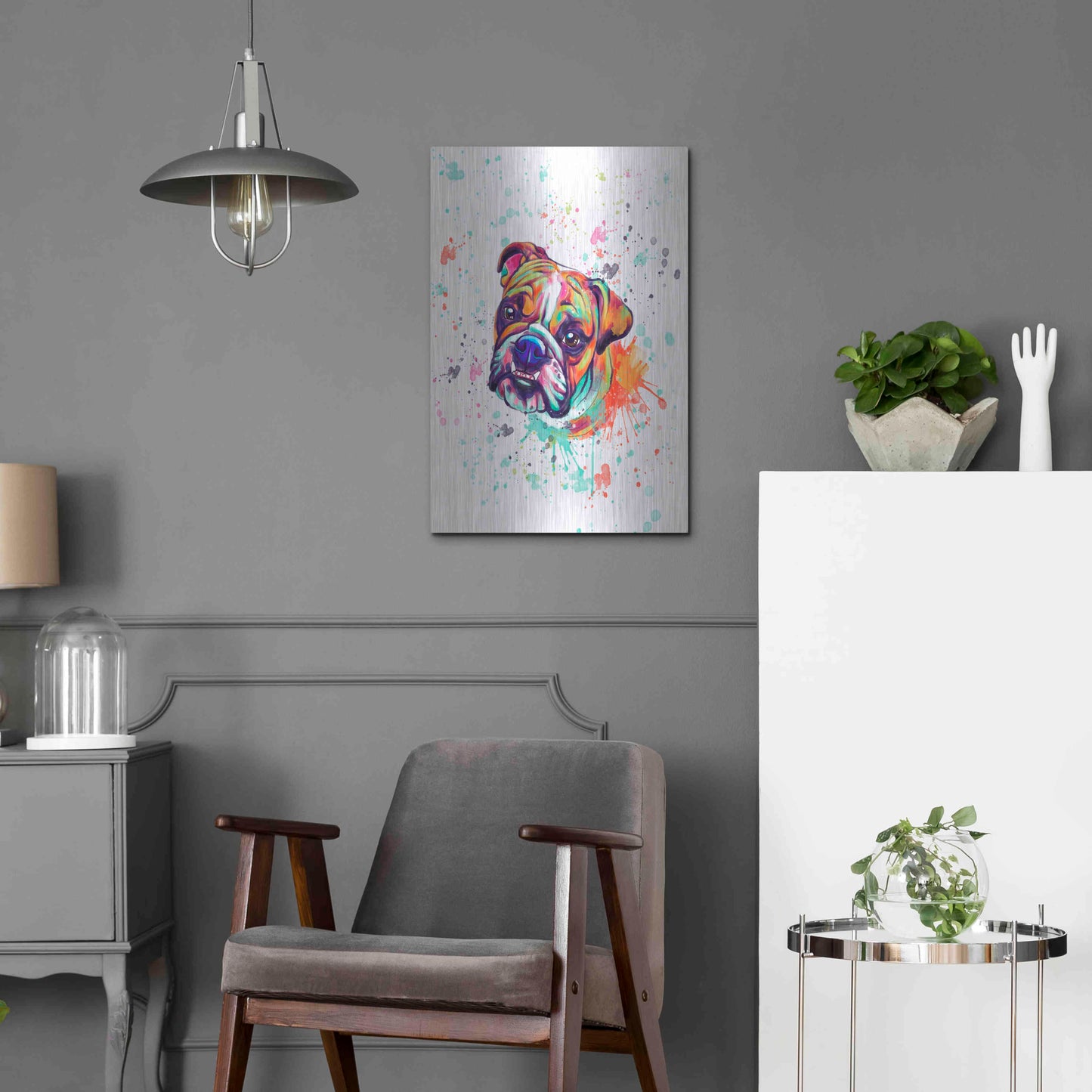 Luxe Metal Art 'Colorful Watercolor English Bulldog' by Furbaby Affiliates, Metal Wall Art,16x24